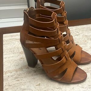 BAMBOO Cognac Strappy Block Heel Sandals